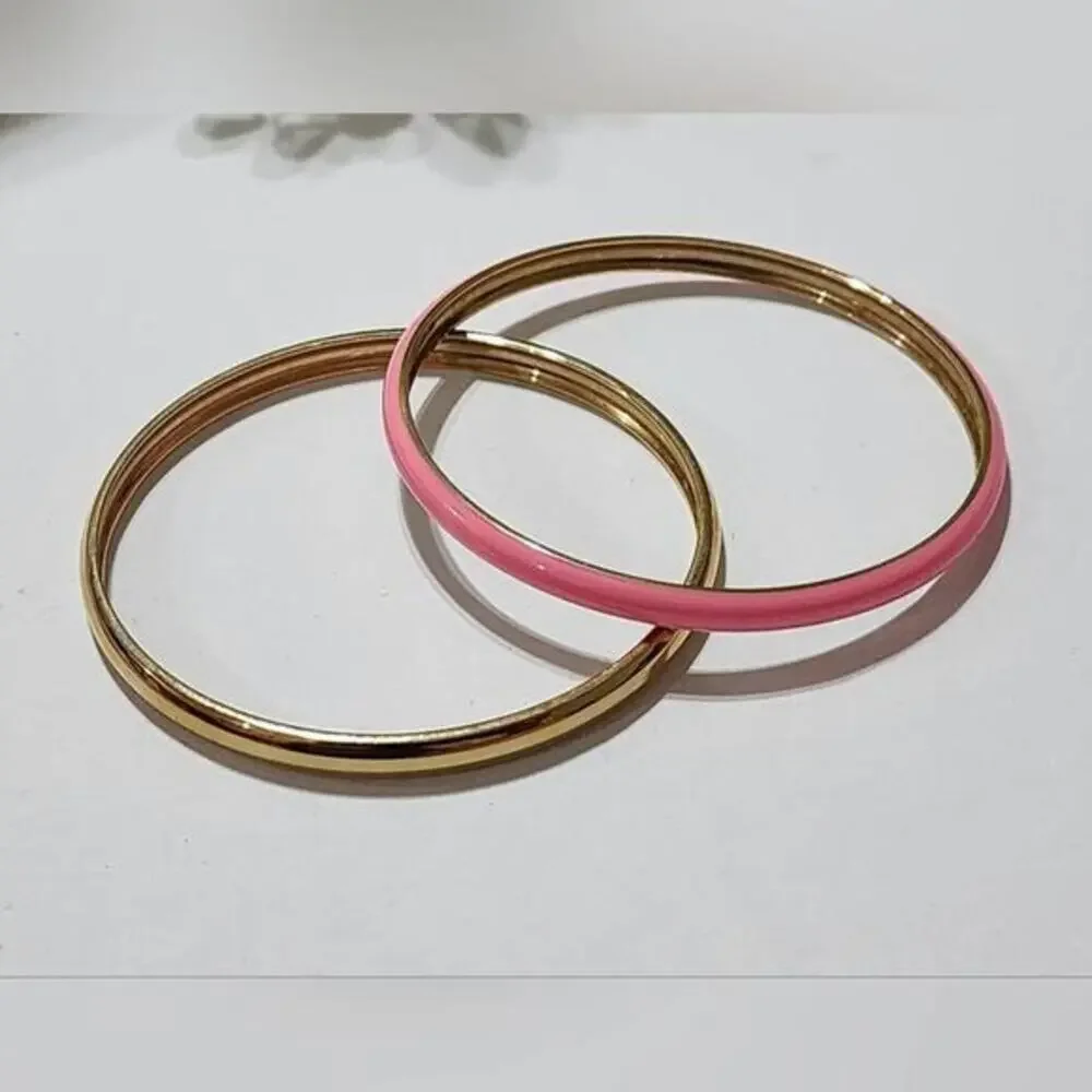 J. Crew Pink Enamel and Gold Tone Stackable Bangle Bracelet Set Stackable‎